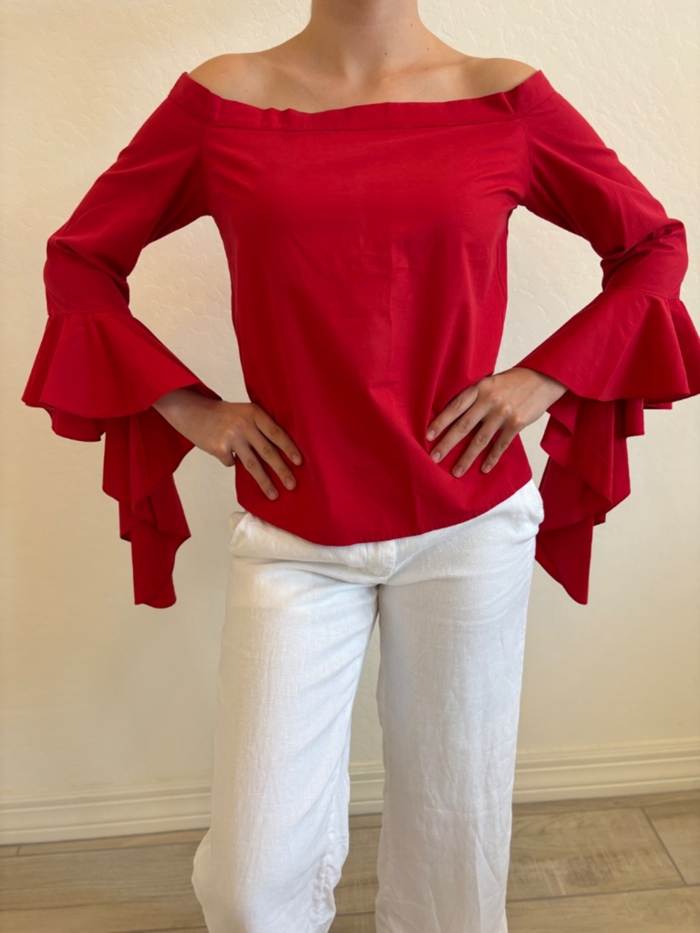MLM Label Red Off-The-Shoulder Top with Dramatic Bell Sleeves - Size Medium